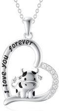 wholesale 925 Sterling Silver Cow Pendant Necklace with Cubic Zirconia and Heart Charm for Women Girls Mothers Sisters Friendship Gifts-0-0