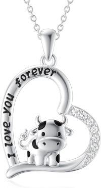 wholesale 925 Sterling Silver Cow Pendant Necklace with Cubic Zirconia and Heart Charm for Women Girls Mothers Sisters Friendship Gifts-Cow-1