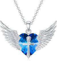 wholesale Sterling Silver Gold Angel Wings Necklace with Cross Birthstone Valentine s Gift-12-Dec-Blue Topaz White Gold