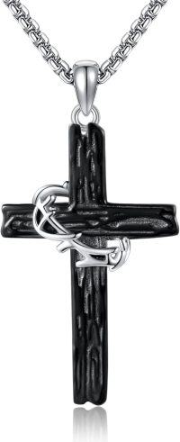wholesale 925 Sterling Silver Black Crucifix with Anchor Pendant Chain Necklace for Men-Thorn Crown