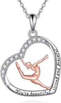 wholesale 925 Sterling Silver Heart-Shaped Dancer Pendant Necklace with Cubic Zirconia and Inspirational Message Strong & Graceful - 14K Rose Gold Platedèèé¡¹é¾åå ï¼å¿å½¢è®¾è®¡ï¼ç«æ¹ä½éç³åå±å¿ä¿¡æ¯âåå¼ºèä¼éï¿½? éç«ç°ï¿?-Gymnastics Necklace