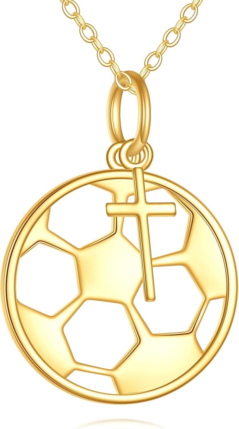 14K Gold Soccer Ball Cross Pendant Necklace - Sports s for Women and Men-0-0