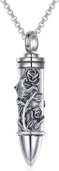 wholesale 925 Sterling Silver Wolf Rose Bullet Urn Necklace with Engraved Pendant – 25mm x 7.3mm, Adjustable 22+2 Chain, Gift Box-Wolf