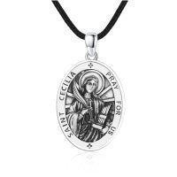 wholesale 925 Sterling Silver Oval St Cecilia Religious Medal Prayer Jewelry for Women Men-27b-St Cecilia-Leather Chain-27b-St Cecilia-Leather Chain
