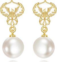 wholesale 14K Gold Phoenix & Pearl 14K Gold  Dangle Drop Earrings for Women - Wedding Gift Ideas-Phoenix
