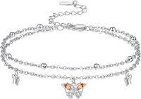 wholesale 925 Sterling Silver Butterfly Charm Ankle Anklets for Women - Orange Stone Accents-Orange