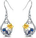 wholesale 925 Sterling Silver Blue Bird & Yellow Flower Drop Earrings - Cute Animal Jewelry for Women-0-0