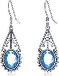 wholesale Sterling Silver 10mm Oval Cut Birthstone Oxidized Filigree Dangle Earrings-03-Aquamarine-Blue