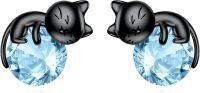 wholesale 925 Sterling Silver Black Cat Stud Earrings with Birthstone-B-March Birthstone Stud