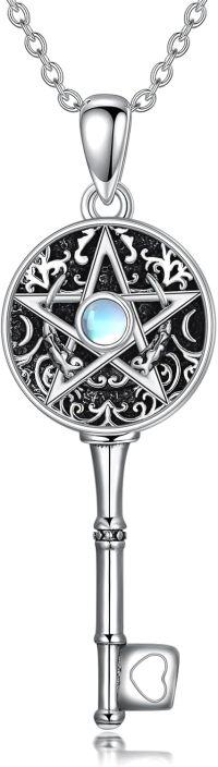 wholesale 925 Sterling Silver Key Amulet Necklace w/ Triple Moon Goddess & Pentagram Pendant - Wicca Pagan s for Women-Triple Moon Goddess Necklace