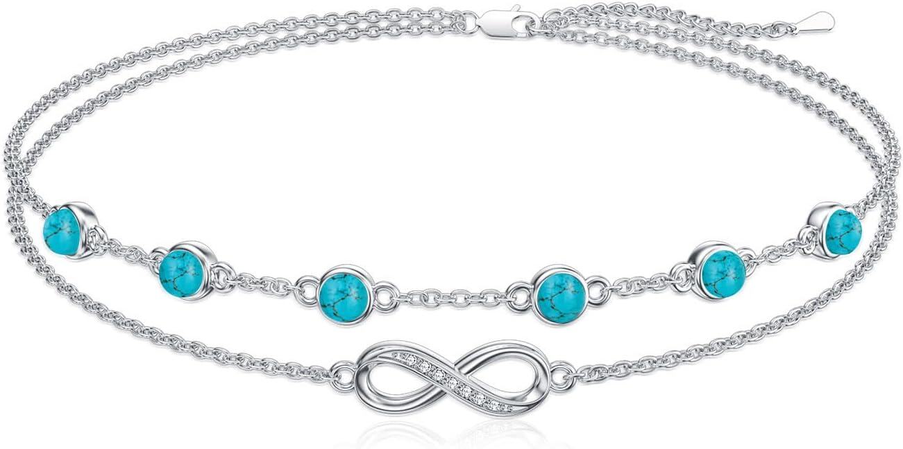 Sterling Silver Birthstone Women s Anklet Bracelets Infinity Butterfly Evil Eye Turtle Pineapple Starfish Heart-Infinity 13-Turquoise-Anklet 9"-11"