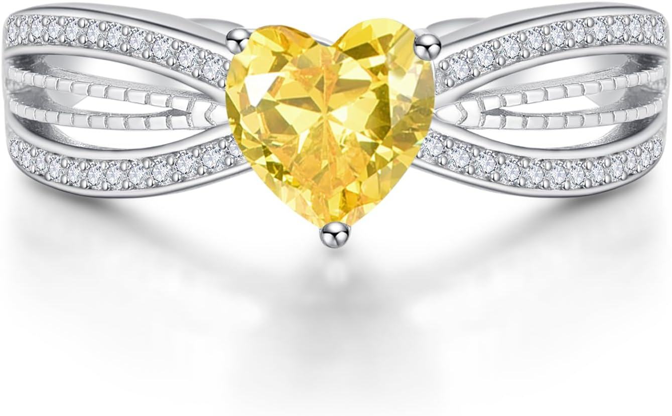 Sterling Silver CZ Heart Rings Adjustable Birthstone Jewelry Gift for Women Mom-November Birthstone