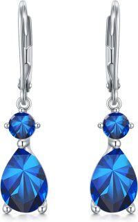 wholesale 925 Sterling Silver Clear Birthstone Dangle Leverback Earrings for Women-9-September-Blue Sapphire