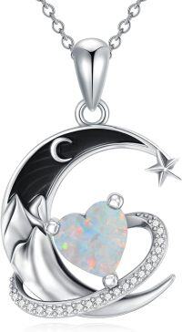 wholesale  Sterling Silver Birthstone Moon Star Heart Pendant Necklace -10-Oct-Opal