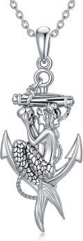 wholesale 925 Sterling Silver Mermaid on Anchor Pendant Necklace for Women-0-0