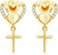 wholesale 14k Gold Heart Cross Dangle Earrings for Women Religious Stud Drop Jewelry Confirmation Gifts for Her-0-0