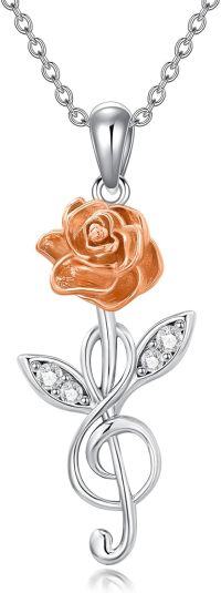 wholesale 925 Sterling Silver & Lab-Grown Diamonds Rose Flower Necklace, Elegant Musical Symbol Design, Adjustable 18 Chain, Gift for Her-Rose flower