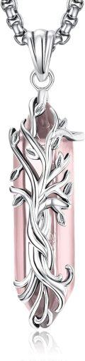 wholesale 925 Sterling Silver Pink Amethyst Natural Stone Healing Crystal Tree of Life Pendant Necklace-0-0