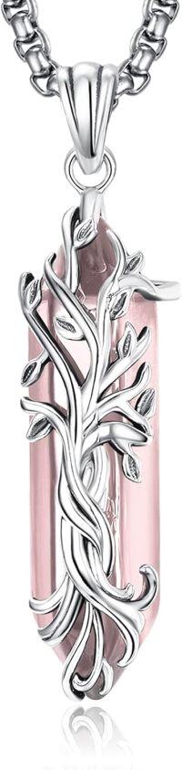 wholesale 925 Sterling Silver Pink Amethyst Natural Stone Healing Crystal Tree of Life Pendant Necklace-J October