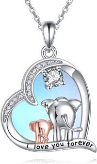 wholesale 925 Sterling Silver Elephant & Heart Pendant Necklaces with Cubic Zirconia and Moonstone - I Love You Forever-Elephant
