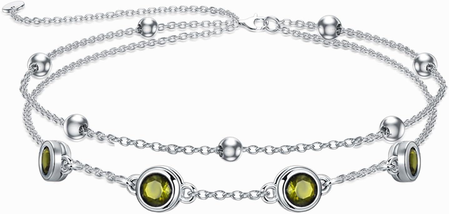 Sterling Silver Birthstone Anklet Bracelets for Women Gifts-08-Peridot Bracelet 7\"-9\"