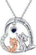 wholesale 925 Sterling Silver Metal Cat and Fox Pendant Necklace with Heart Charm - Valentine's Gift for Her Him-0-0