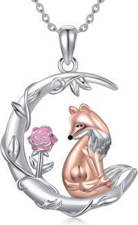 wholesale 925 Sterling Silver Rose Gold Fox Pendant Necklace with Pink Flower and Crescent Moon Charm for Women-Fox Necklace