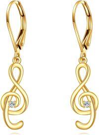 wholesale 10K Gold Treble Clef Diamond Drop Earrings Fine s for Women-Music Note Earrings