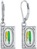 wholesale 925 Sterling Silver Rectangle Dangle Earrings w/ Green & Yellow Enamel Accents - Hypoallergenic  for Her-0-0