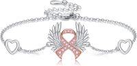 wholesale 925 Sterling Silver Pink Ribbon Angel Wing Heart Charm Bracelet  for Women Girls-Breast Cancer