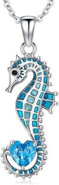 wholesale 925 Sterling Silver Birthstone Blue Seahorse Heart Pendant Necklace-0-0