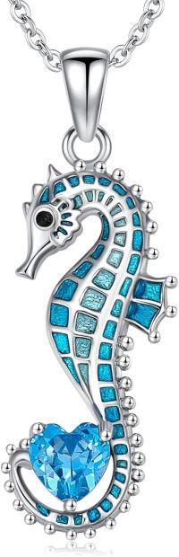 wholesale 925 Sterling Silver Birthstone Blue Seahorse Heart Pendant Necklace-March