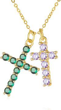 wholesale 14K Gold Sterling Silver Birthstone Double Cross Necklace for Women-05-06-May-Jun