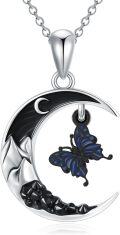 wholesale 925 Sterling Silver Crescent Moon Butterfly Necklace Pendant for Women Girls Gifts Jewelry Accessories 48cm Chain Length (Black)-0-0