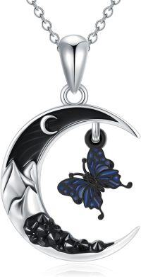 wholesale 925 Sterling Silver Crescent Moon Butterfly Necklace Pendant for Women Girls Gifts Jewelry Accessories 48cm Chain Length (Black)-Butterfly