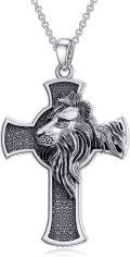 wholesale 925 Sterling Silver Cross Pendant Necklace for Men with Lion Head Satan Crucifix Ankh Charm on 3mm Cable Chain (Length: 64cm)-0-0