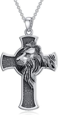wholesale 925 Sterling Silver Cross Pendant Necklace for Men with Lion Head Satan Crucifix Ankh Charm on 3mm Cable Chain (Length: 64cm)-Lion Cross-1
