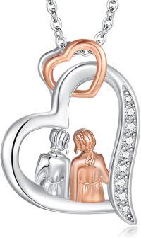 wholesale 925 Sterling Silver Double Heart with Figures and Cubic Zirconia Pendant Necklace  for Women Sisters Moms Friends-2 Sister
