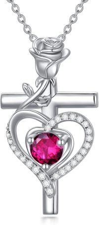 wholesale 925 Sterling Silver Birthstone Cross Necklace for Women Mother s Day Anniversary Birthday Gift for Wife Mom-07-July-Dark Red