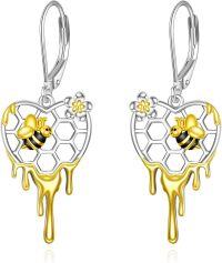 wholesale 925 Sterling Silver Heart-Shaped Honeycomb with Bee and Flower Drop Earrings - Gift for Her-Honeycomb bee earrings
