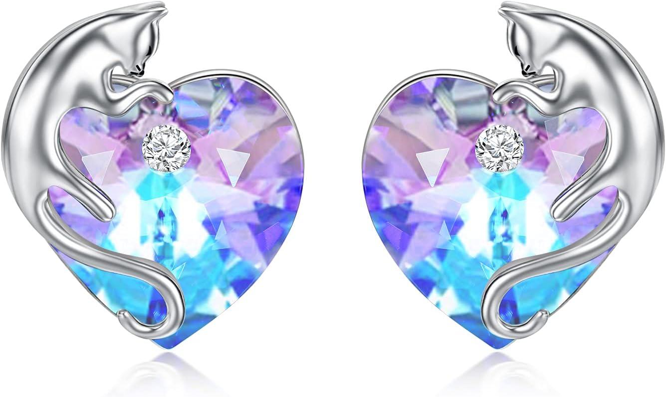 Sterling Silver Austria Crystal Cat Earrings Cute Studs with Birthstone Heart Gift for Cat Lovers-Violet Purple