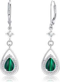 wholesale 925 Sterling Silver Green Malachite Teardrop Dangle Earrings with CZ Accents-08-Malachite