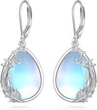 wholesale 925 Sterling Silver Moonstone Drop Dangle Earrings with Leaf Design for Women-feather earrings
