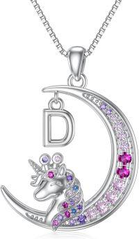 wholesale Toupo Unicorns Necklace 14k White Gold Plated Moon Pendant Unicorn Initial Letter D Necklaces Colorful Unicorn Pink Zircon Kids Jewelry Unicorn Birthday Daughter Women… -undefined