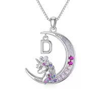 TOUPOP 14K White Gold Plated Pink Zircon Unicorn Initial D Necklace-undefined
