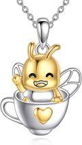 wholesale 925 Sterling Silver Gold Plated Honey Bee in Teacup Heart Charm Necklace for Women-0-0