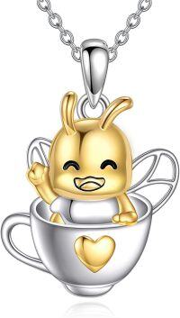 wholesale 925 Sterling Silver Gold Plated Honey Bee in Teacup Heart Charm Necklace for Women-Bee Cup Necklace