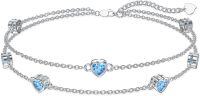 wholesale  Sterling Silver Heart Birthstone Anklet Bracelets for Women -03-Aquamarine Bracelet 7\"-9\"