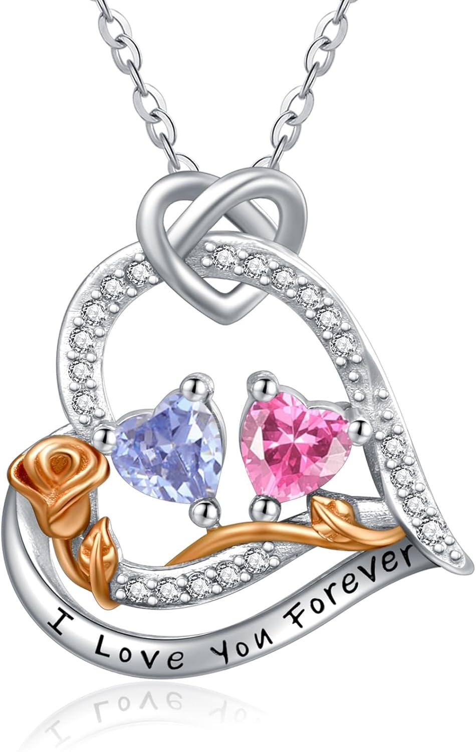  Sterling Silver 2 Birthstones Rose Heart Necklace for Women -06-10-Jun-Oct