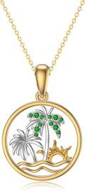 wholesale 14K Gold Crystal Coconut Tree Pendant Necklace with Sun and Waves Design - Gifts for Her-0-0
